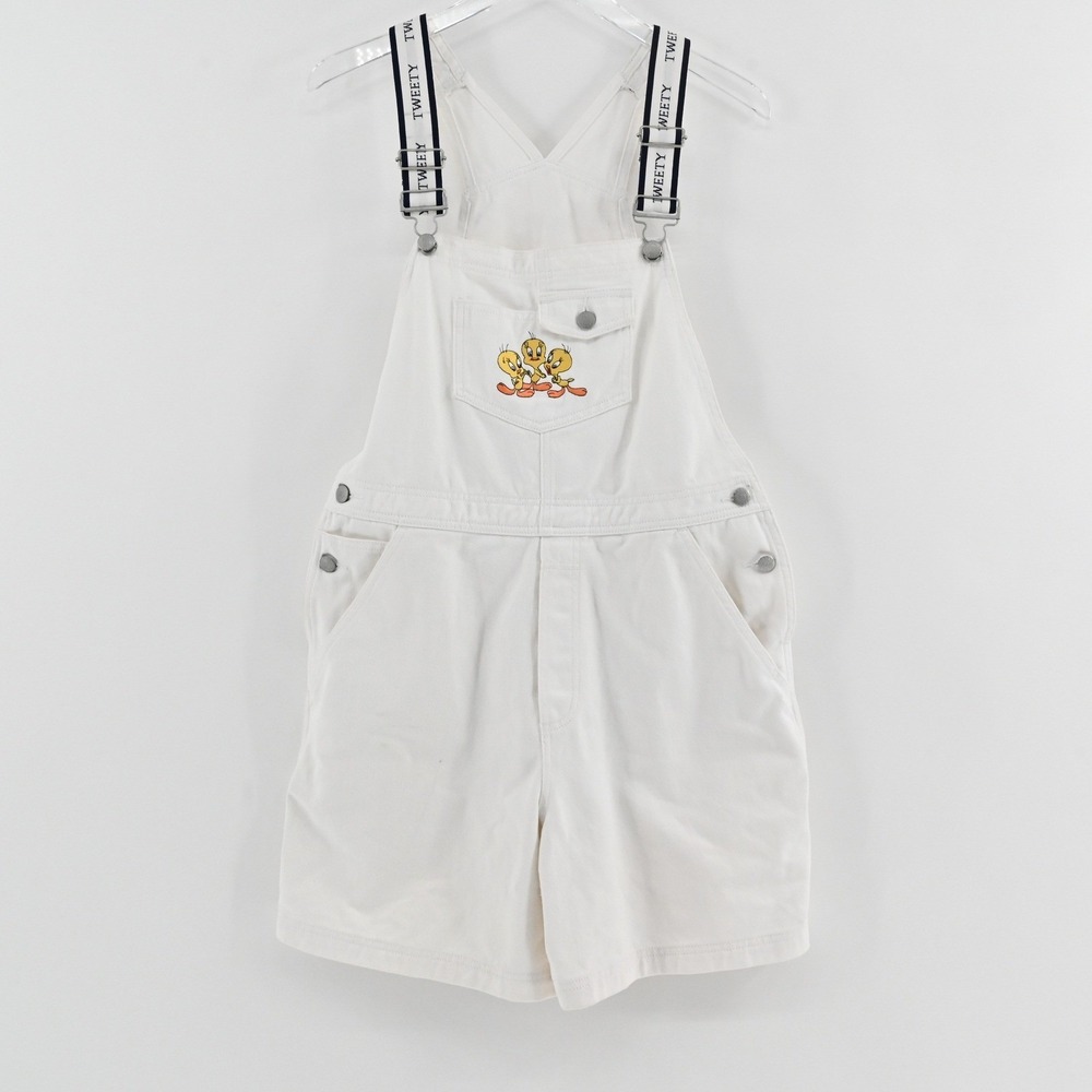 Vintage 1990 Warner Bros Tweety Shortalls Womens Size L White Denim Overalls